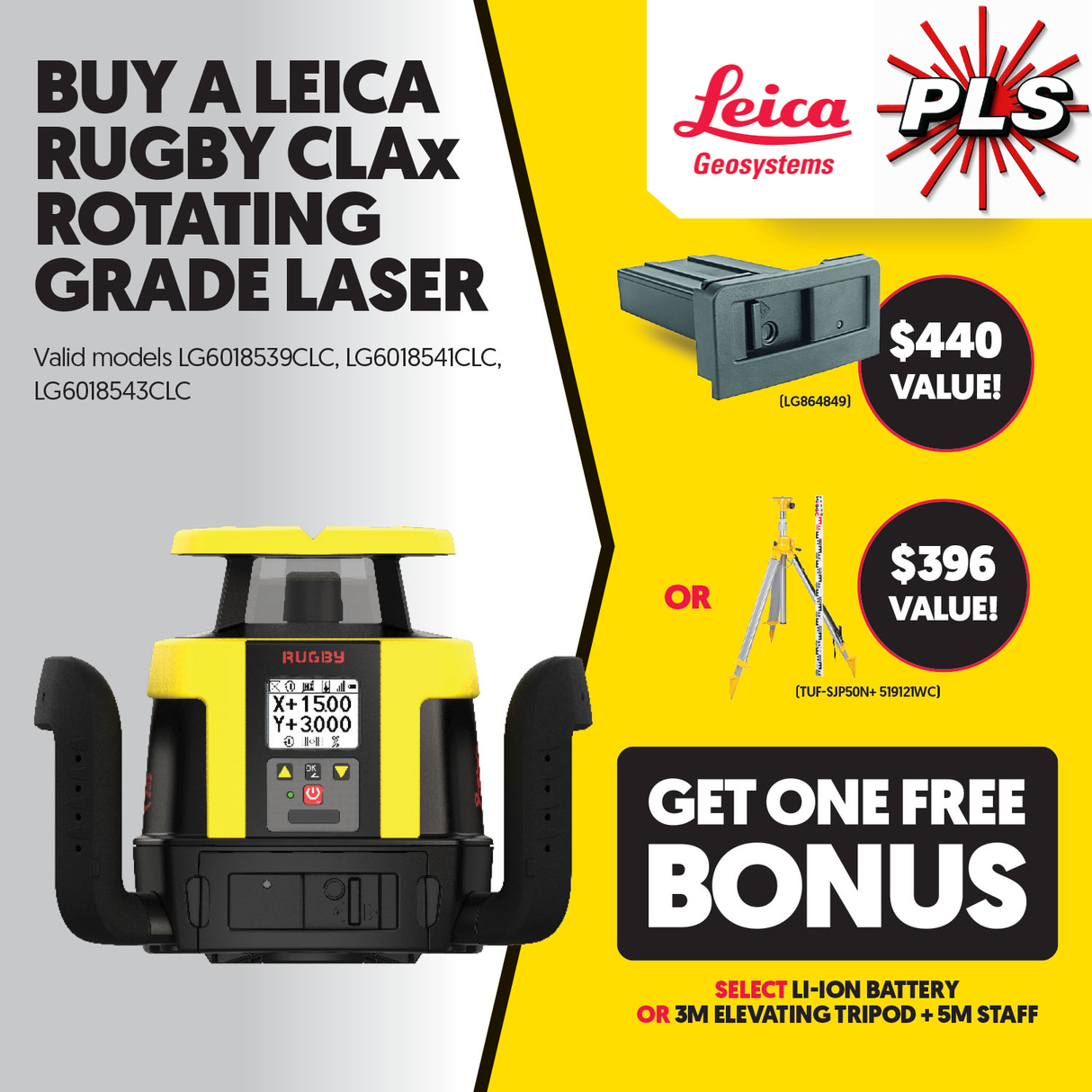 Leica Rugby CLAx 550 Hz/Vt Dial-In Dual Grade Laser ±8% with Combo+ receiver & Li-Ion