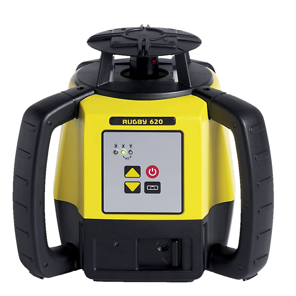 A yellow and black Leica Rugby 620 laser level device with control buttons on the front.