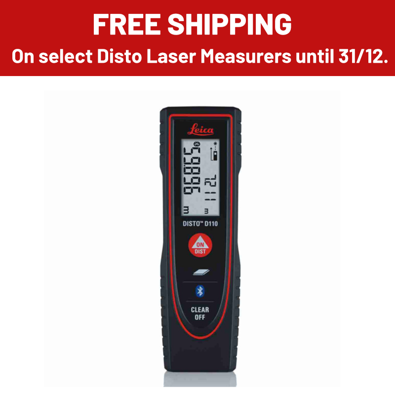 Leica Disto laser measure with promotional text for free shipping on select models.