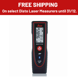 Leica Disto laser measure with promotional text for free shipping on select models.
