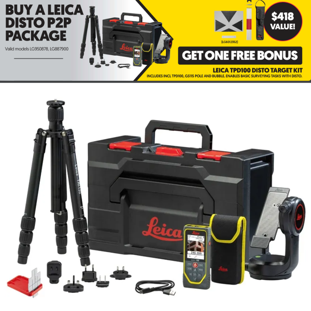 Leica measurement tool package with tripod, case, and additional tools on a white background