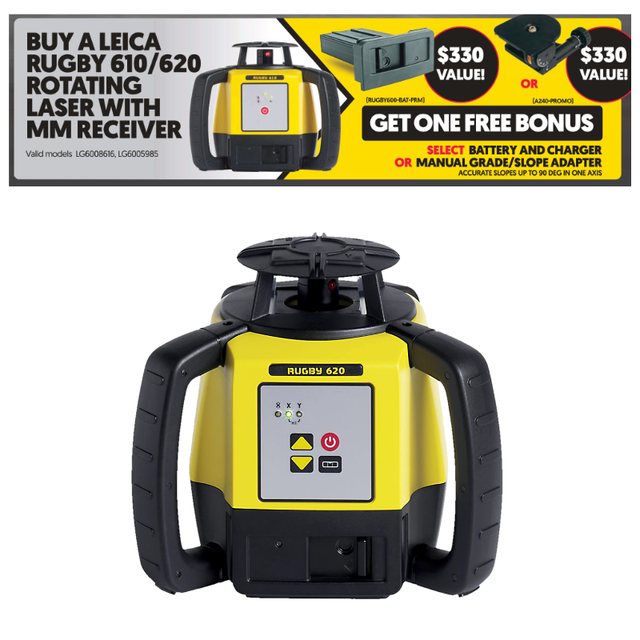 Leica Rugby 610/620 rotating laser level with promotional text on a white background