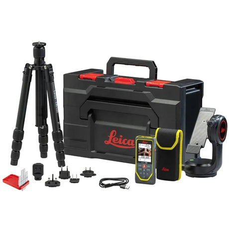 Leica measurement tools including a laser measure, tripod, and case on a white background