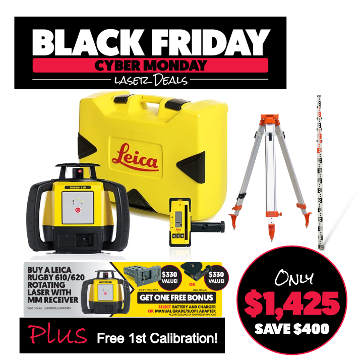 Leica Rugby 610 Rotating Laser with Rod Eye 160 Receiver, Tripod and Staff