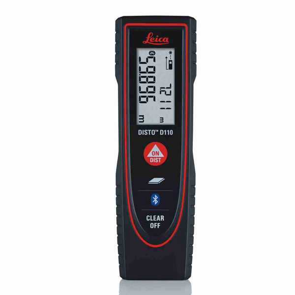 A Leica Disto D110 laser distance meter with a digital display, showing measurements in meters. The device is black with red accents and features a removable pocket clip.