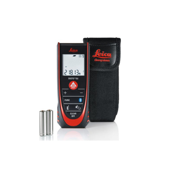 Leica Disto D2 laser distance measurer with open intelligent endpiece, displaying measurement on its LCD screen, accompanied by its carrying case and two AAA batteries.