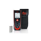 Leica Disto D2 laser distance measurer with open intelligent endpiece, displaying measurement on its LCD screen, accompanied by its carrying case and two AAA batteries.