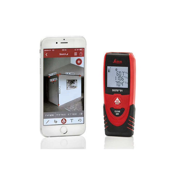 Leica Disto D1 laser distance measurer next to a smartphone showing the device's screen with a measurement display.