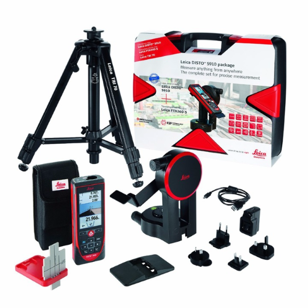Leica Disto S910 Extension Kit which includes a laser distance measurer, tripod, smart base, and various accessories displayed alongside the product packaging.