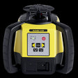 A Leica Rugby 640 red beam rotating laser with a receiver, predominantly yellow with black accents and a digital display.