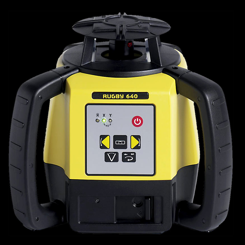 A Leica Rugby 640 red beam rotating laser with a receiver, predominantly yellow with black accents and a digital display.