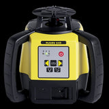 A Leica Rugby 640 red beam rotating laser with a receiver, predominantly yellow with black accents and a digital display.